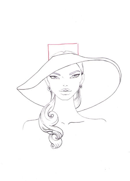 Draw a rectangle for the crown ot the hat. Erase the unnecessary details.