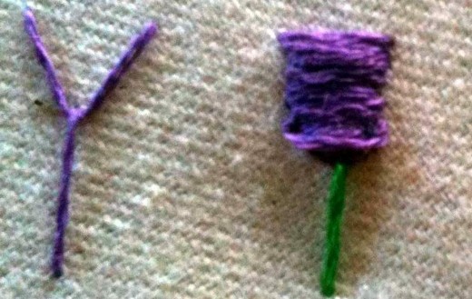 A fly stitch (left) and a tulip made from a fly stitch then filled in with satin stitches.