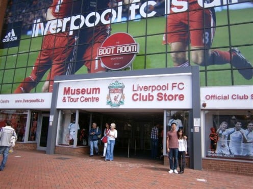 Outside the Liverpool stadium, you can get all kinds of soccer memorabilia. 