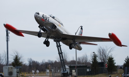 Canadair T-33 aircraft mounted in front of the main terminal at London International Airport in London, Canada