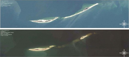 Ship Island before (above) and after (below) Hurricane Camille