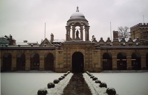 The front quad of The Queen's College, Oxford, under the snow