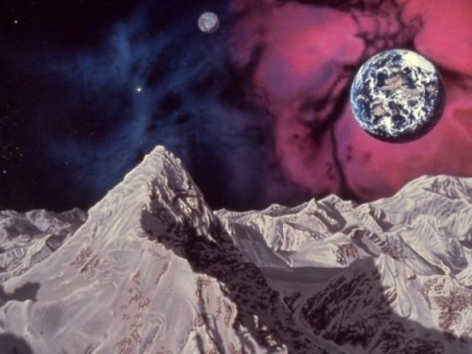 Trifid Worlds (Painting by Carl Martin. An Earth-like planet and two moons near the Trifid nebula.) 