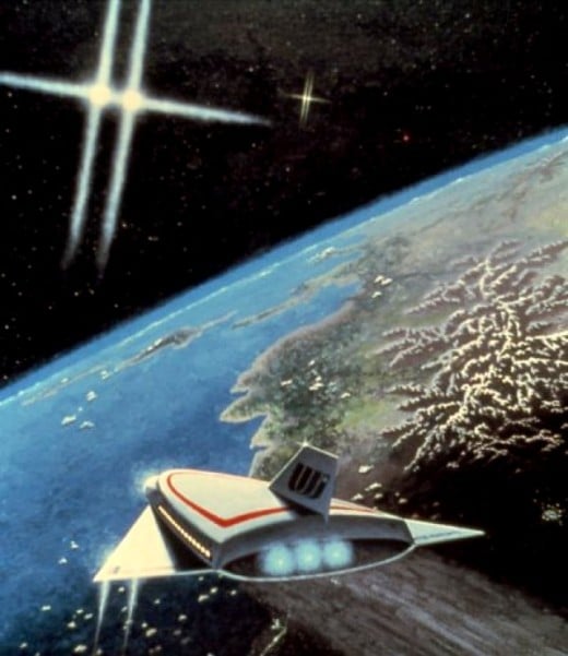 Approach to Valhalla (Painting by Carl Martin. United Starlines ship approaches the surprisingly mature planet Valhalla in the Castor system.) 