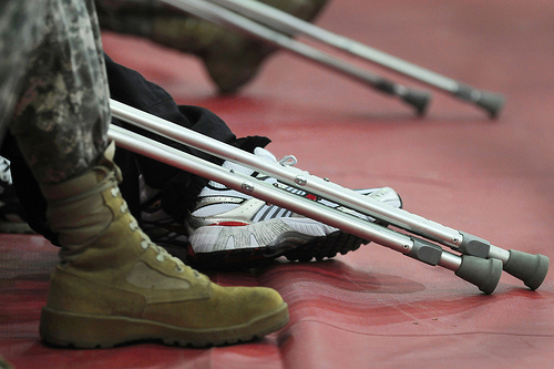 Military boots ... and crutches.