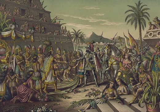Painting depicting the meeting of Cortes and Moctezuma in Mexico
