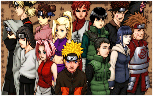 Temari, Tenten, Ino, Gaara, Rock Lee, Kiba, Kankurou, Shino, Neji, Sakura, Naruto, Shikamaru, Hinata, and Chouji as they appear in Naruto Shippuuden