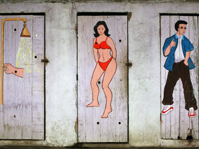 Colourful Toilet and Shower Doors at Beachfront Bar, by Paul Kennedy