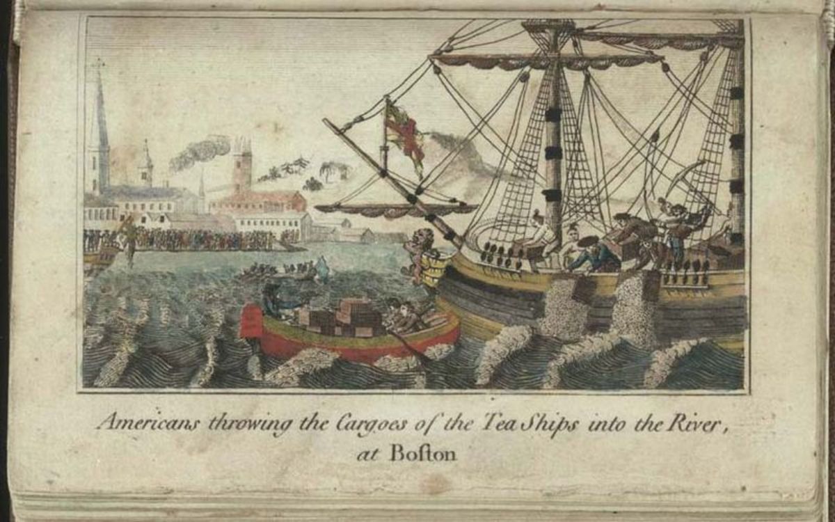 Americans throwing Cargoes of the Tea Ships into the River, at Boston