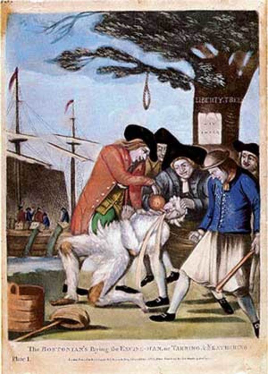 A depiction of the tarring and feathering of Commissioner of Customs John Malcolm, a Loyalist, by five Patriots on 5 January 1774(1774-01-05) under the Liberty Tree in Boston, Massachusetts.