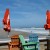 Colorful seating on fishing pier.