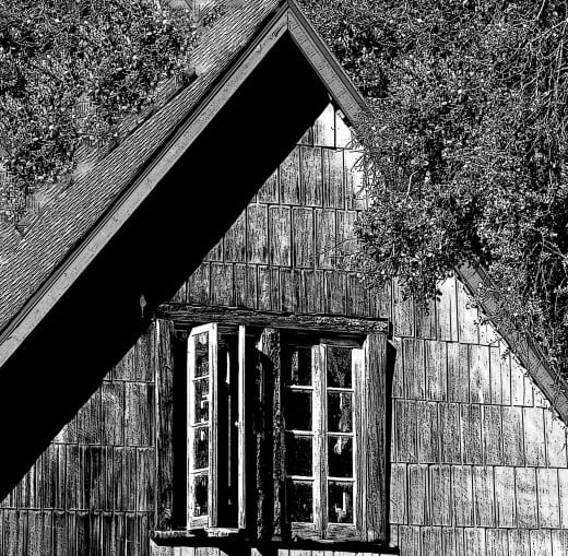 "The Shuttered Room.." an empty old lodge with a past..an owl flaps in and out of this window..