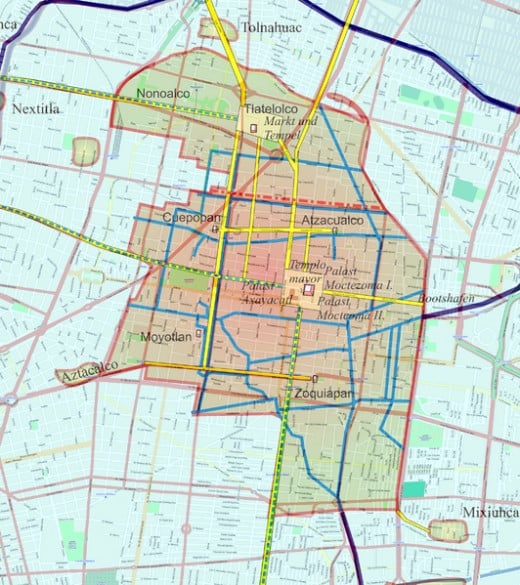 Map of Tenochtitlan over the modern streets of Mexico City
