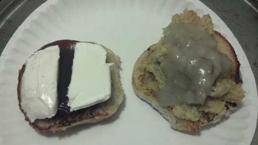 Got that bun ready, cream cheese and cranberry sauce on one side and dressing and gravy on the other.