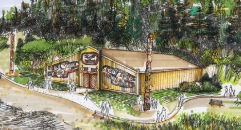 Artist's rendition of Huna Tlingit Tribal House on the shore of Bartlett Cove.