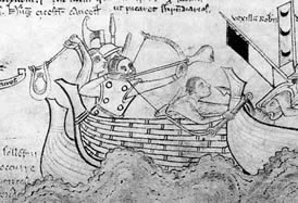 Above, the use of bow and sling staff, probably to deliver lime powder. Below, the execution of Eustace the Monk