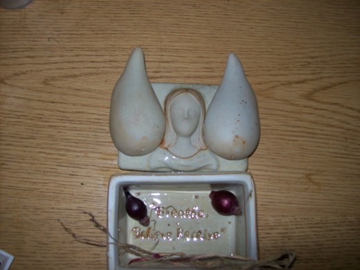 Breath, Believe, Receive --A little present that I received from a friend. The composition includes to little onions from my garden.