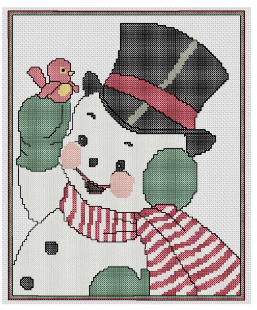free Christmas cross stitch Snowman with bird