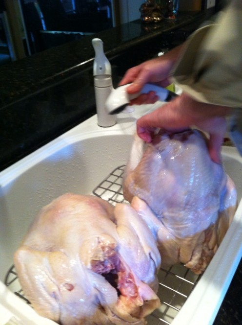 After the Turkey has been brined, rinse it to get the salt off.