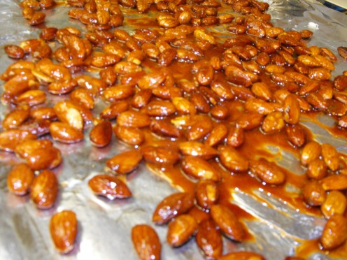 Glazed almonds as they're cooling.  Once cool, they are crunchy and sweet.