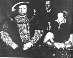 A 16th century portrait of the King, Princess Mary and the court fool