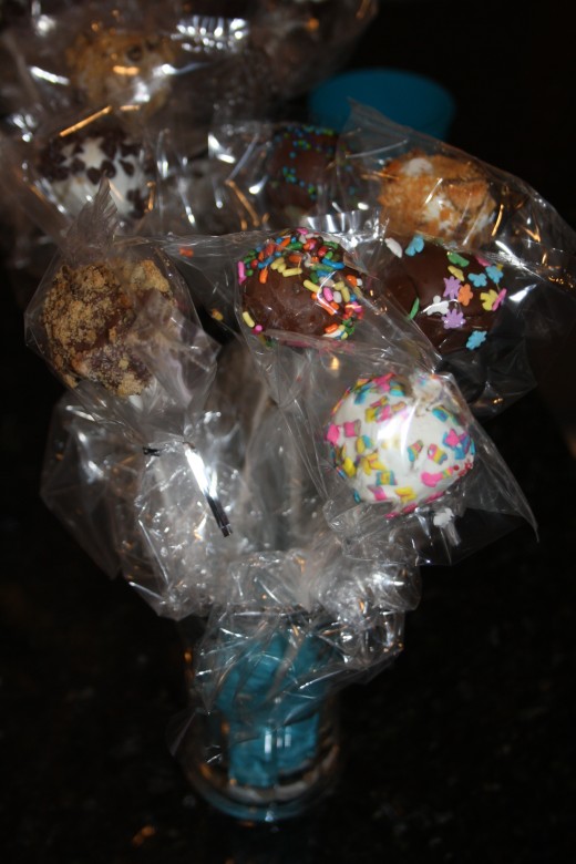 Close up of some of the cake pops.  We used just about every ice cream topping we had for the cake pops as well.