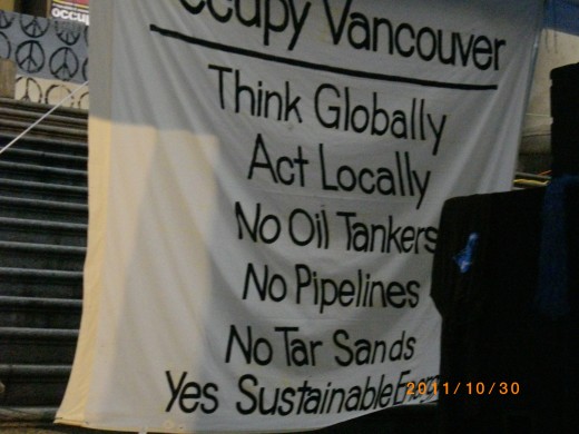This sign sums up issues that concerned Occupy Vancouver among many others. For a period of 36 days, the occupation stayed at the Vancouver Art Gallery north plaza before a court injunction virtually shut it down.