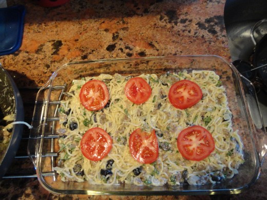 Layer six slices of tomato as shown.