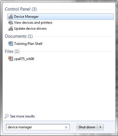 Access the Device Manager by searching for it using the Search field in the Start menu.
