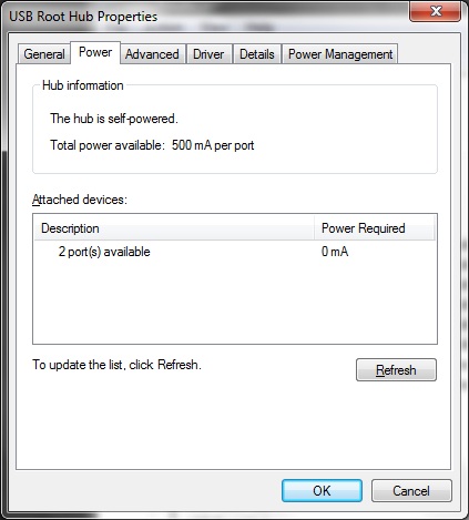 Check how much power your USB root hub has available if Windows 7 isn't even recognizing your connected USB device.