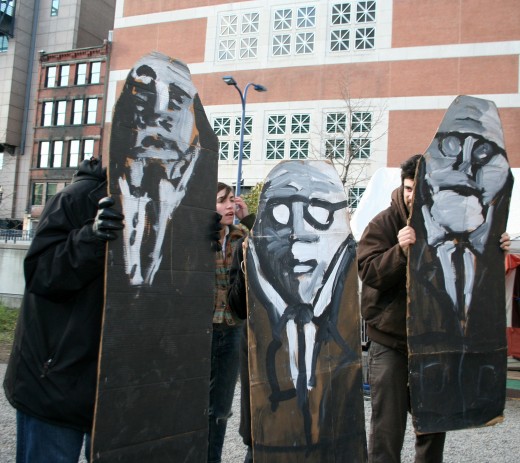 "Bread & Puppets" political street theater puppets in Dewey Square, Boston