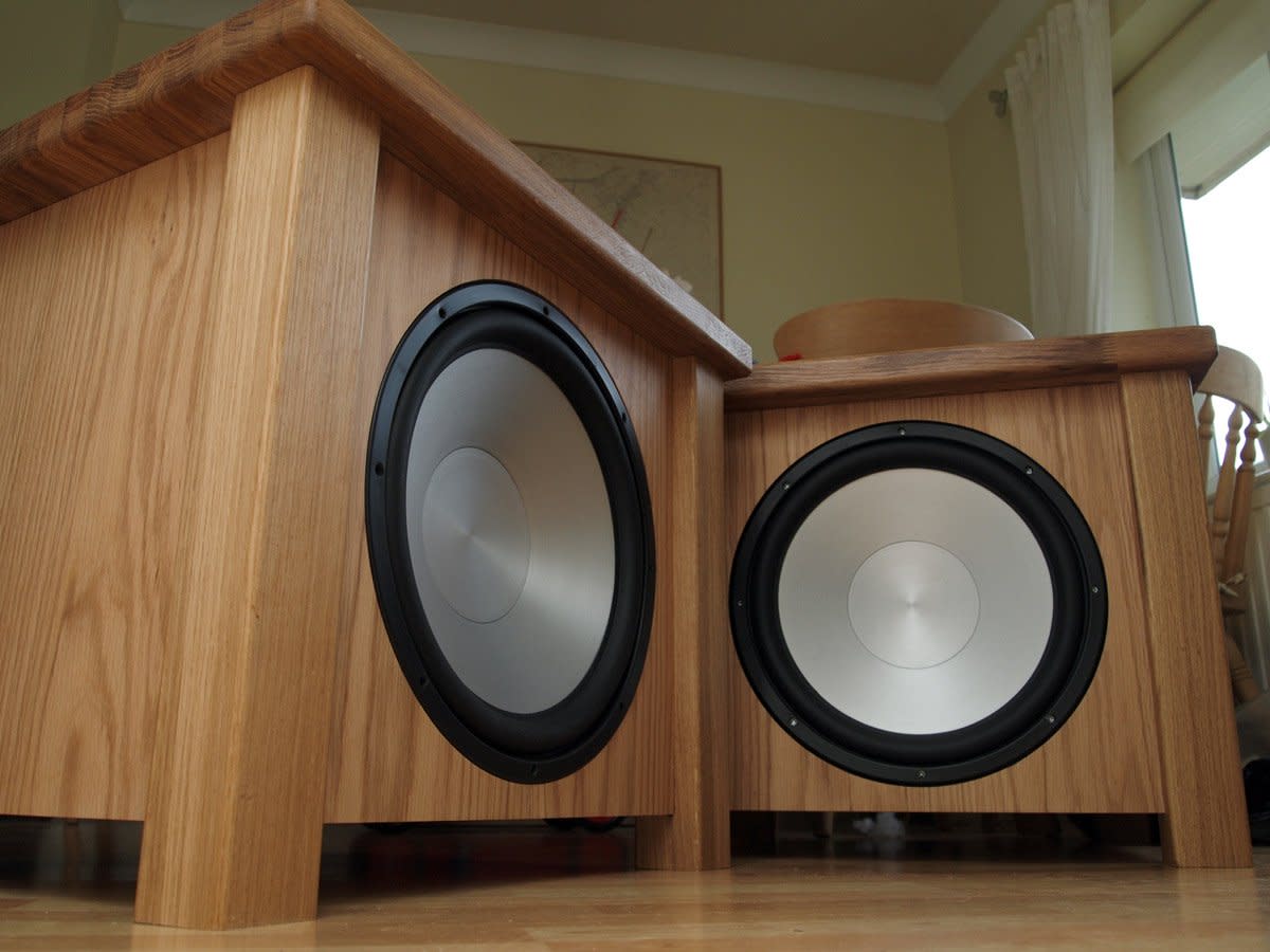 A pair of nicely finished DIY subwoofers.