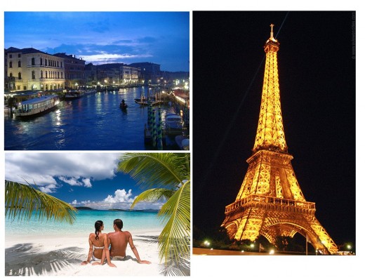 Top Left: Venice at night.  Bottom Left: White sand beaches. Right: Eiffel Tower at night.