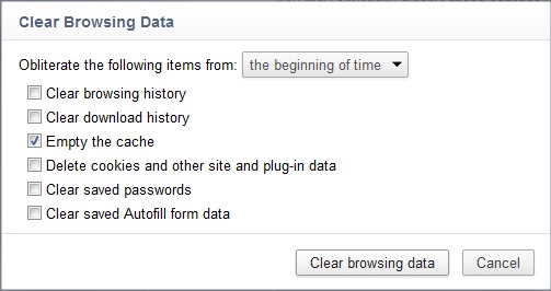 The Clear Browsing Data dialog box in Google Chrome.