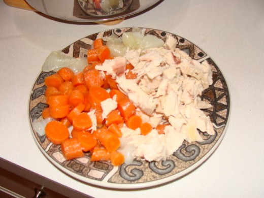 Chopped vegetables and chicken from the broth.