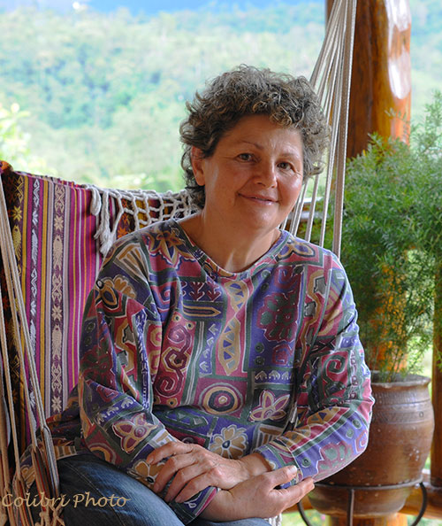 Maria Elena Garzon Jaramillo on the porch of the Hacienda San Vicente