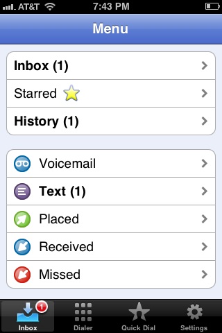 The Google Voice home screen.