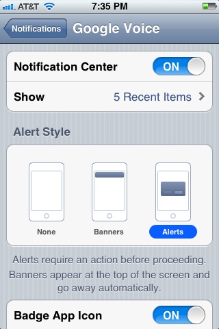 Modify the settings for Google Voice in your iPhone's Notifications screen to specify how it needs to be displayed.