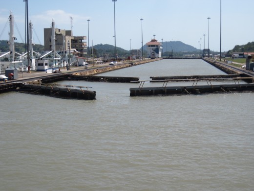 One set of the Miraflores Locks on the Panama Canal beginning to open.