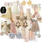 A set containing party and formal evening dresses with jewerly and high heel shoes. Mostly all of the dresses are light pink and some are white. Love all of the dresses from this set that I created.