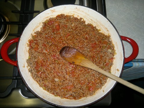 Add all the meat sauce ingredients and simmer.