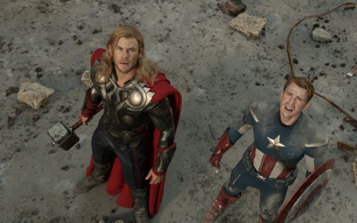 Chris Hemsworth as Thor and Chris Evans as Captain America