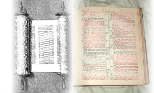 Torah, associated with the Old Testament on the left (PD); the New Testament on the right (copyright Rod Martin, Jr).