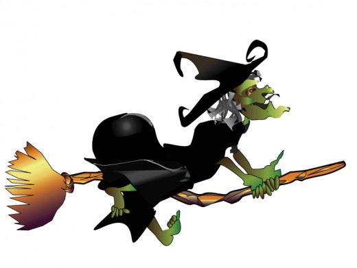 Wacky witch flying her broom.