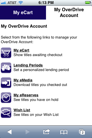 The standard OverDrive Account page on the iPhone.