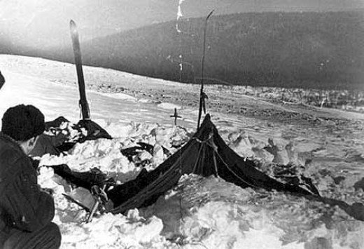 The camp as the rescuers found it on Feb. 26, 1959. The tent had been sliced open from inside, and most of the skiers appeared to have fled in socks or barefoot. Photo taken by soviet authorities at the incident site. 