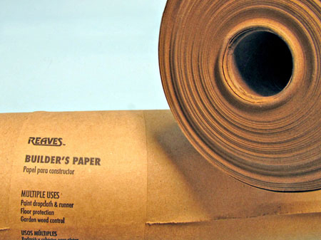 Heavy brown paper used for protecting floors and walls during painting and remodeling is an excellent alternative to newsprint. This 35” by 140 ft. roll was purchased at a Menards building center for only $6.96, less than 2 cents per sq. ft.   
