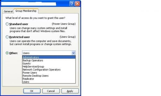 Select "Other" and then select "Administrators" in the drop-down menu to give the user administrative rights in Windows XP Professional.