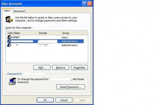 The User Accounts dialog box in Windows XP Professional.
