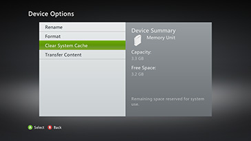 You can clear your Xbox 360's system cache from any of the devices listed in the Storage Devices screen.